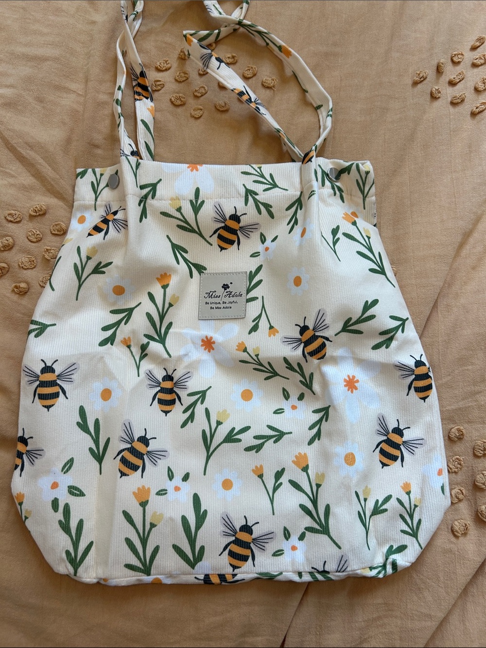 Amazon Cream Tote Bag with Yellow Bee & Green Floral Print